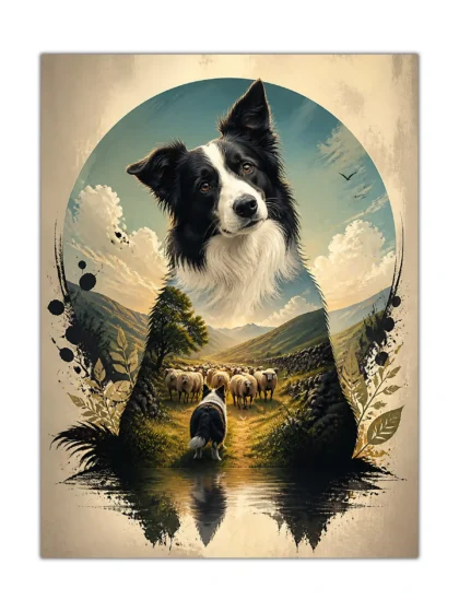 Border Collie dog poster with sheep, mountain valley, clouds, and reflective water