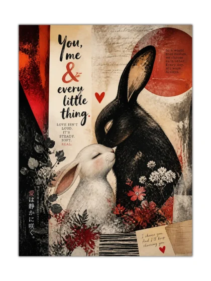 Romantic black and white rabbit couple poster with red flowers and vintage collage details