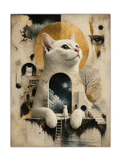Surreal white cat poster with gold halo, moonlit portal, stairway, and dreamlike architecture