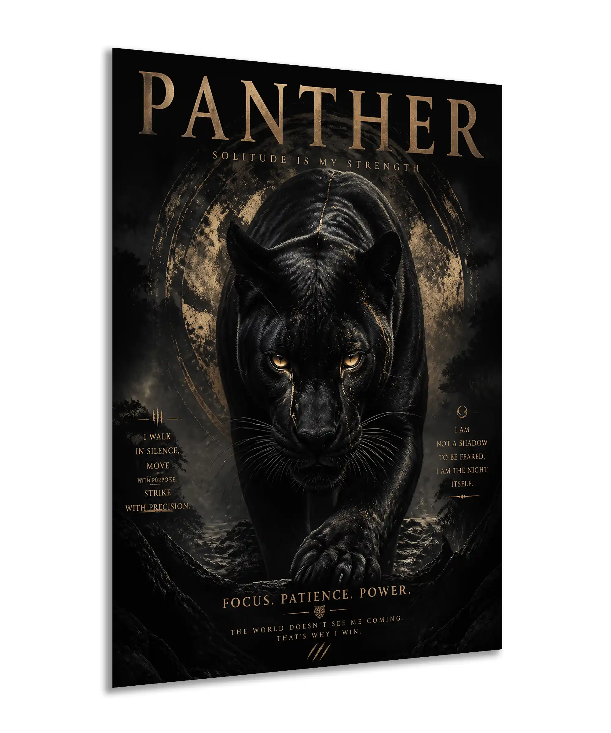 Solitude Panther Poster 2 painting Angled black panther wall poster with dark wildlife artwork and golden graphic details