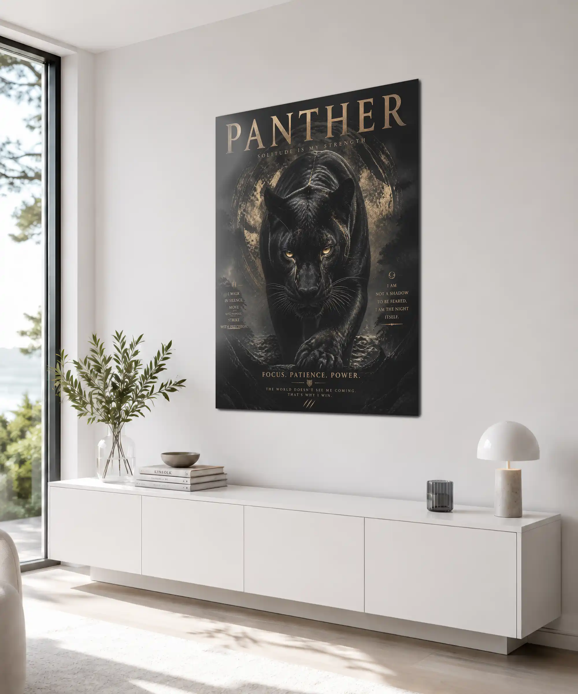 Solitude Panther Poster 4 painting Angled panther poster in an interior showing dark mountains, golden eyes, and bold lettering