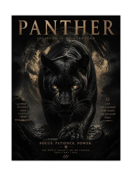 Black panther poster with golden eyes, mountain shadows, and muted gold motivational text
