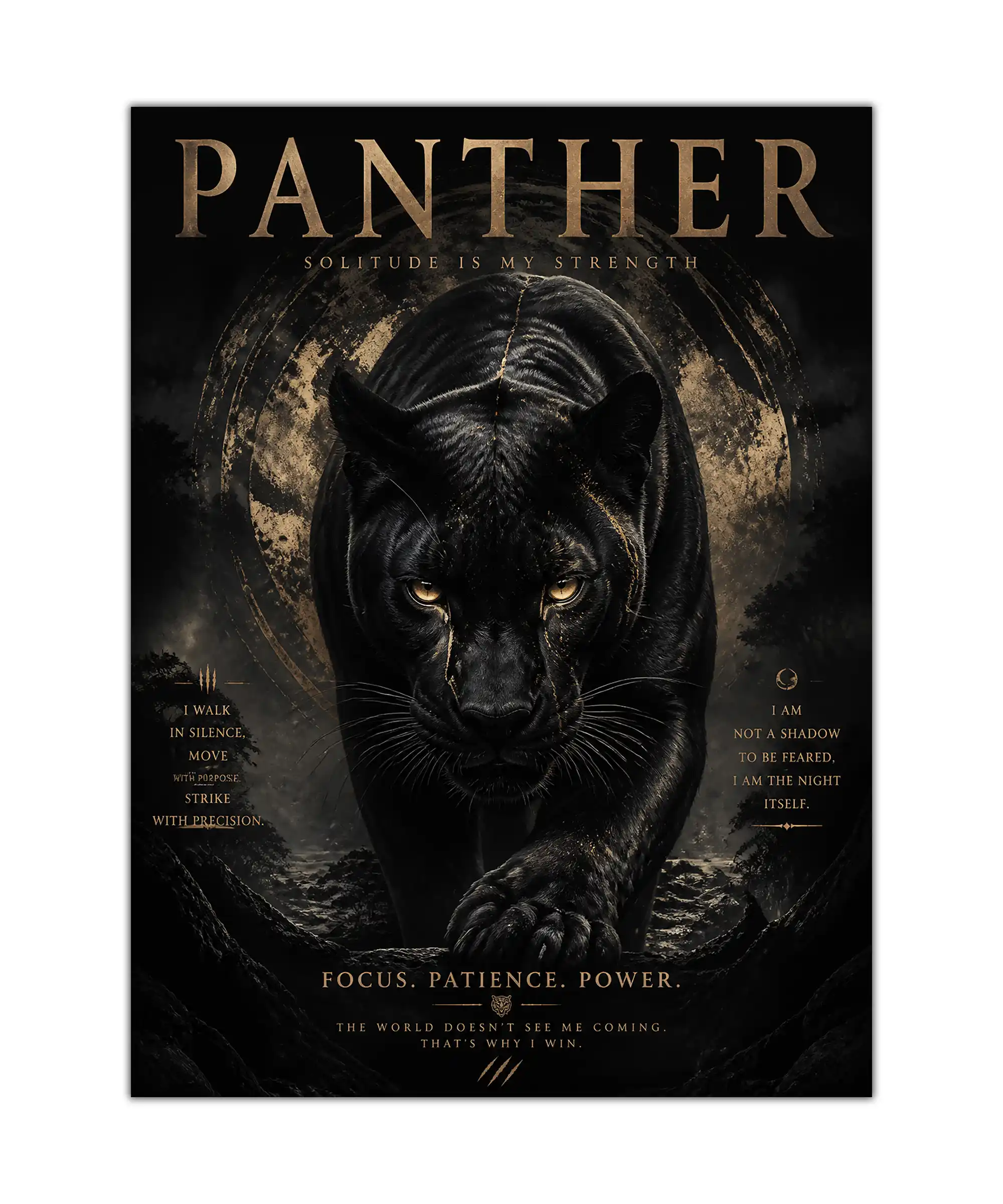 Solitude Panther Poster 1 painting Black panther poster with golden eyes, mountain shadows, and muted gold motivational text