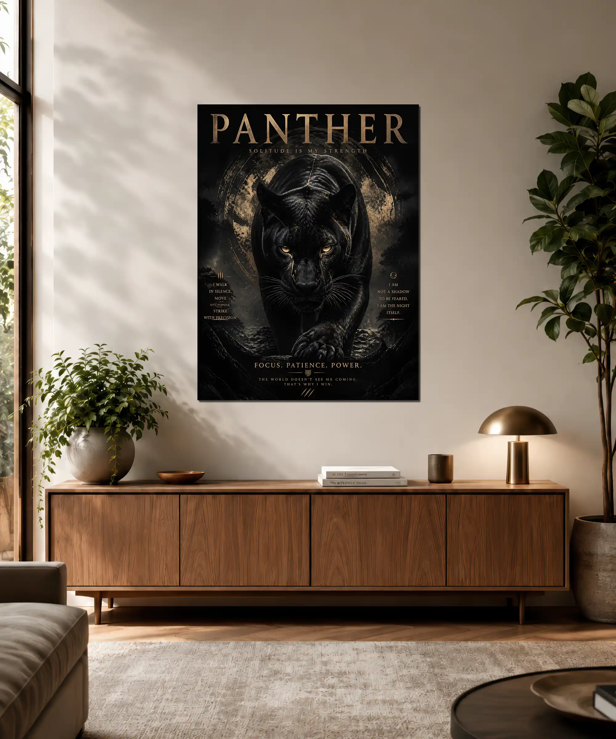 Solitude Panther Poster 3 painting Black panther poster displayed in an interior with dark wildlife art and gold accents