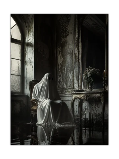 Ghost seated in an ornate candlelit room with reflective floor, gothic horror poster artwork
