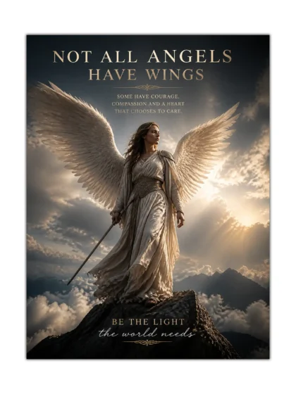 Guardian angel poster with wings, sword, mountain clouds, and inspirational message