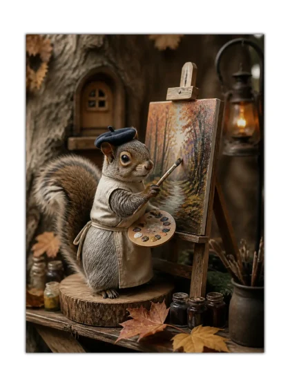 Squirrel artist in a beret painting an autumn forest scene on a poster