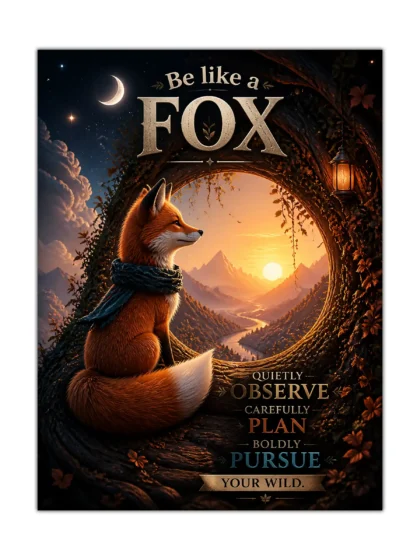 Red fox in scarf beneath a tree arch overlooking a glowing mountain valley poster