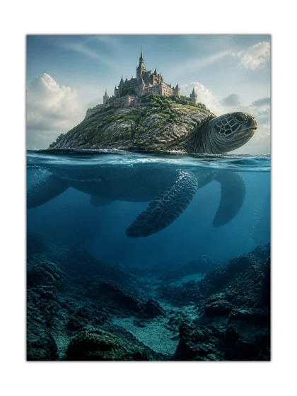 Surreal sea turtle carrying a fairytale castle above deep blue ocean water poster