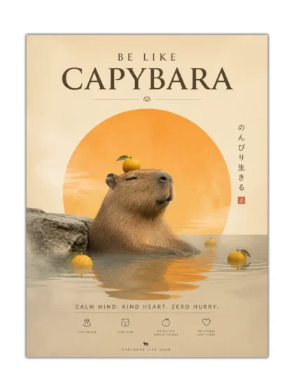 Capybara relaxing in warm water with floating oranges and an orange sun on a poster