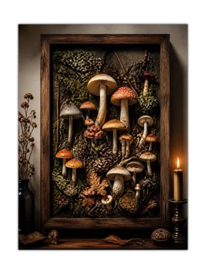Detailed mushroom poster showing woodland fungi, moss, leaves, and earthy forest textures