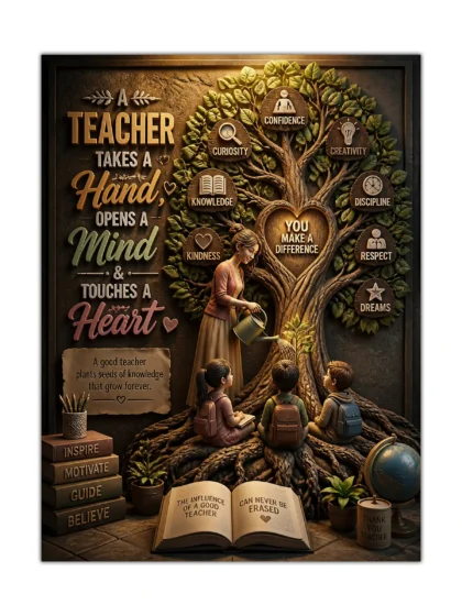 Teacher poster showing students beneath a knowledge tree with inspirational educational symbols