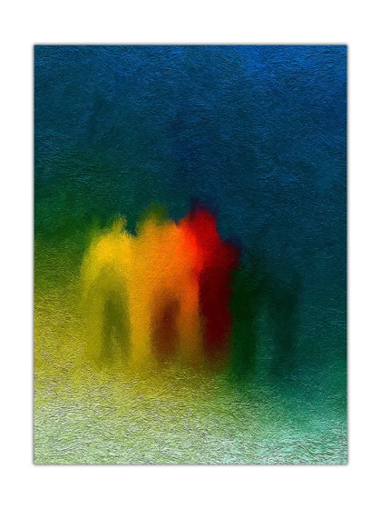 Ember Mist abstract poster with blurred red, orange, yellow, teal, and blue color forms
