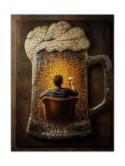 Surreal beer poster showing a man inside a giant mug covered in gold and silver coins