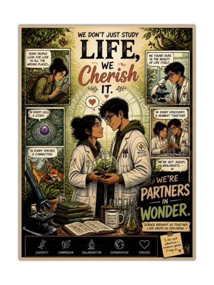 Romantic biology poster with two scientists, a terrarium, microscopes, wildlife, and comic-style lettering
