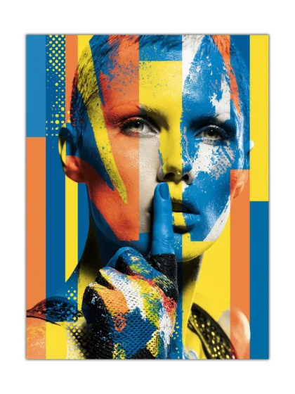 Colorful painted face portrait poster with blue finger to lips and geometric paint layers