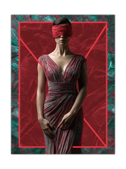 Blindfolded woman in a red dress framed by geometric lines in a sensual portrait poster