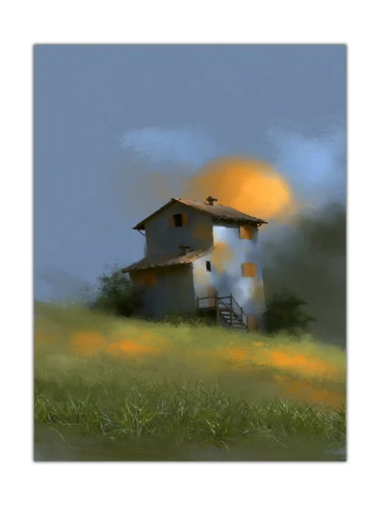 Painterly poster of a solitary rural house in a misty field beneath a glowing orange sky