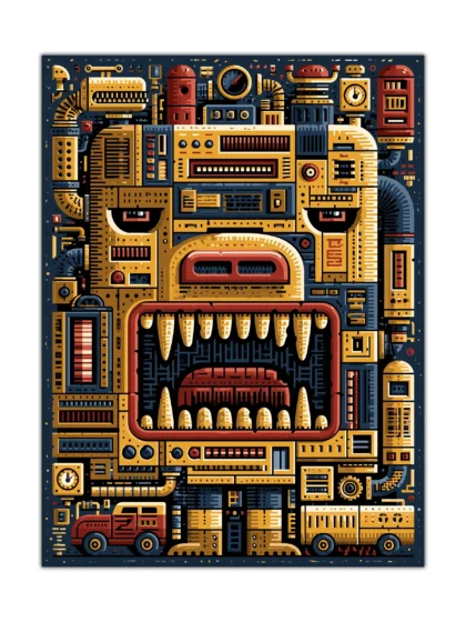 Retro-futurist robot face poster with gauges, pipes, panels, and a giant mechanical mouth