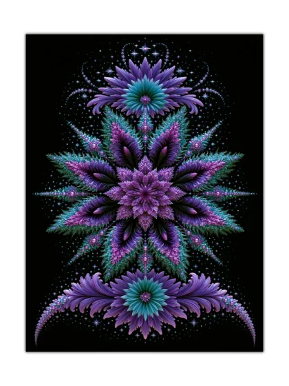 Cosmic botanical poster with violet flowers, teal foliage, jeweled details, and stars