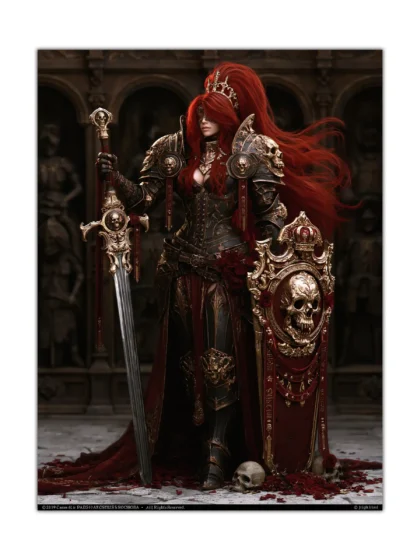 Red-haired armored warrior poster with sword, skull shield, roses, and gothic fantasy details