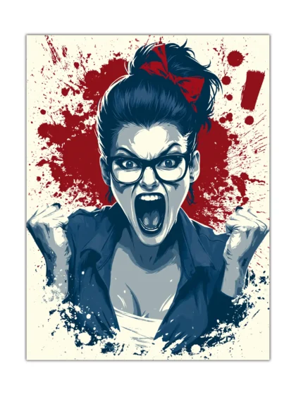 Screaming woman with glasses and red bow surrounded by red splatter in a horror wall poster