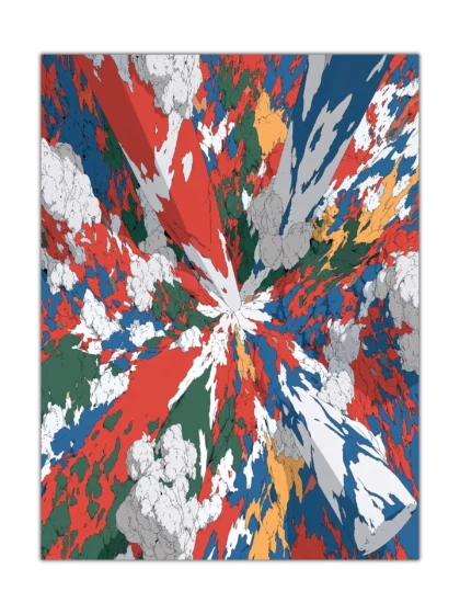 Chromatic abstract burst poster with jagged red, blue, white, green, orange, and gray brush shapes