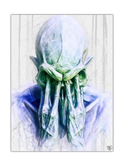 Surreal alien creature poster with skeletal tentacles in lavender, blue, and green tones