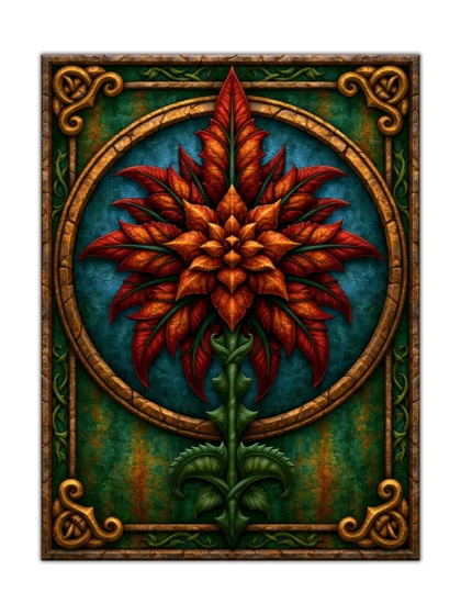 Ember-red fantasy flower poster with ornate gold frame and teal botanical background