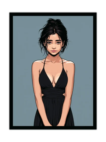 Front view of a stylized woman in a black dress sensual portrait poster