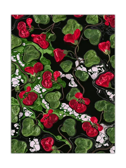 Crimson botanical poster with glossy red flowers and heart-shaped green leaves on black