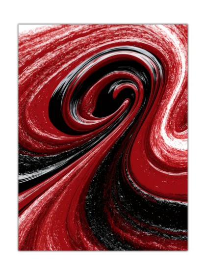 Crimson red and black abstract vortex poster with glossy swirling ribbons and white highlights