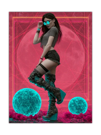 Neon sensual poster of a woman in cyan glasses and ornate platform boots on a pink background