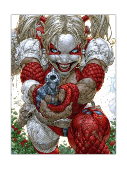 Riot clown comic poster showing a pale armed figure with red costume and blue eyes