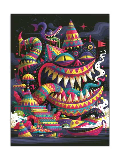 Colorful surreal carnival monster poster with toothy creatures, hats, flags, and boats