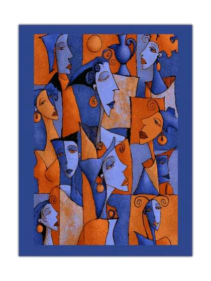 Blue and orange abstract poster showing layered stylized faces in a cubist composition