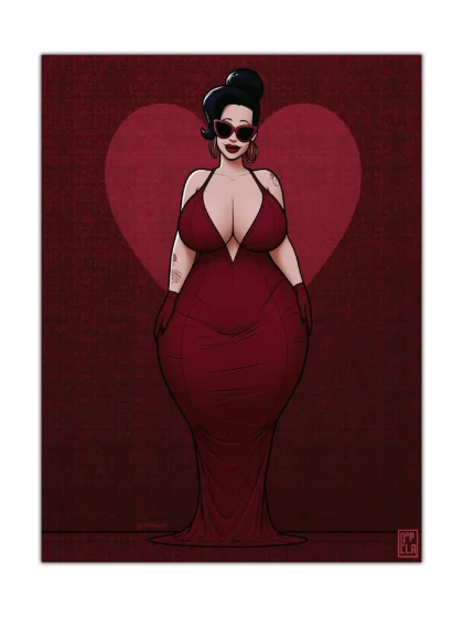 Illustrated pinup woman in a burgundy gown and sunglasses on a dark red heart background