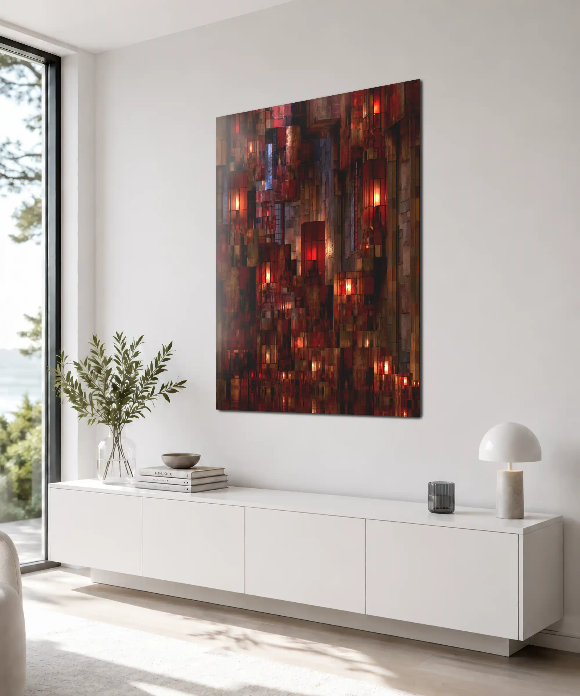 Ember Grid Abstract Poster 4 painting Angled red geometric city poster displayed on a wall with futuristic architectural detail