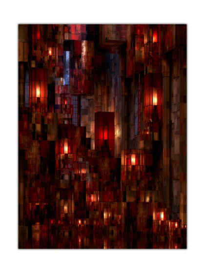 Ember Grid abstract architectural city poster with glowing red windows and dark geometric structures