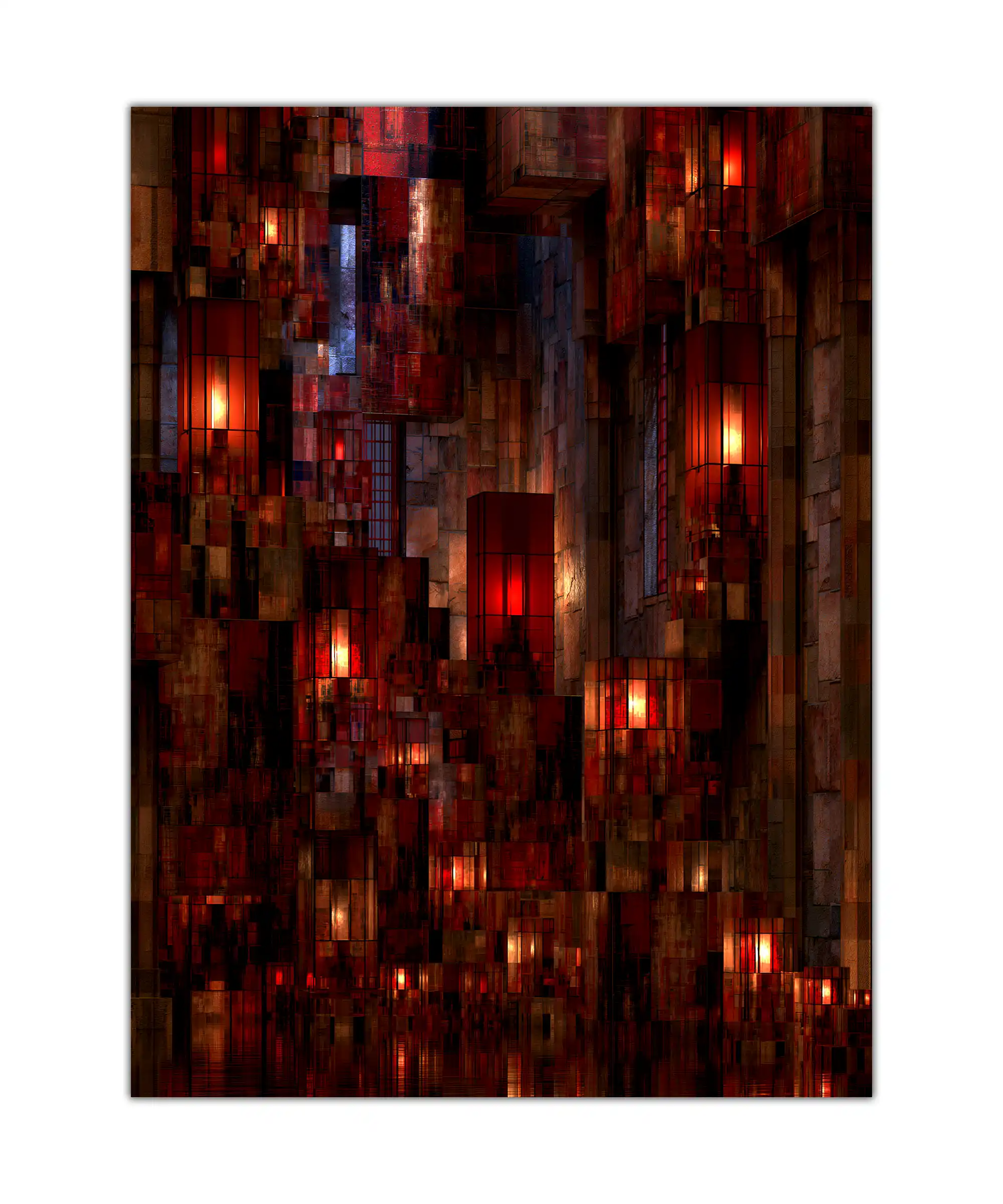 Ember Grid Abstract Poster 1 painting Ember Grid abstract architectural city poster with glowing red windows and dark geometric structures