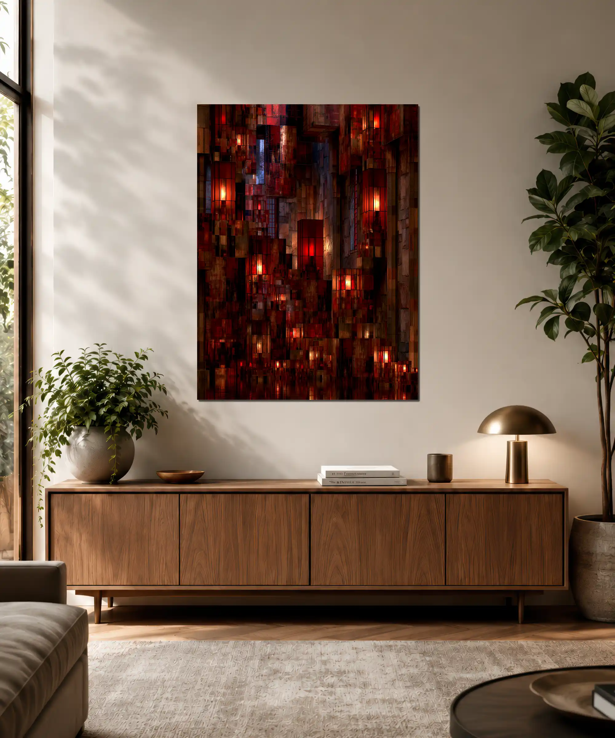 Ember Grid Abstract Poster 3 painting Ember Grid red abstract architecture poster displayed in a modern interior setting