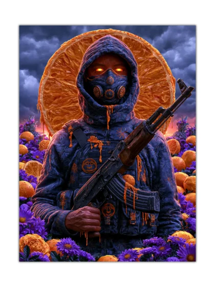 Masked soldier with rifle, orange halo, and purple flowers in a surreal poster