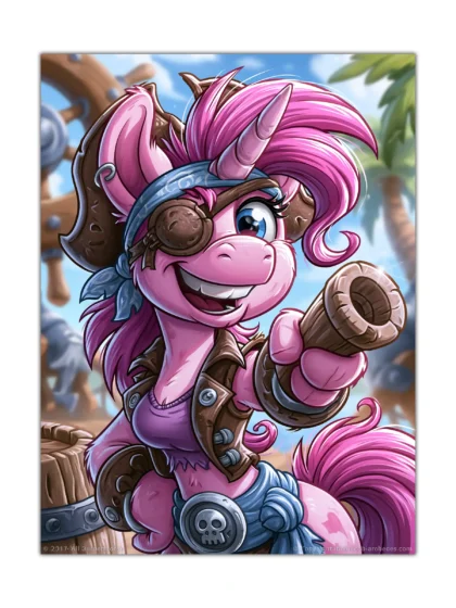 Pink pirate unicorn poster with eyepatch, magenta mane, and wooden weapon on a clean background