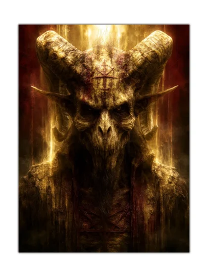 Horned demon portrait poster with skull-like face and gold light against a dark red background
