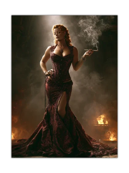 Sensual poster of a red-haired woman in burgundy lace surrounded by smoke and firelight