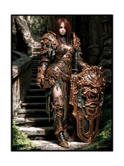 Forest knight poster showing a red-haired armored warrior with a carved bronze shield
