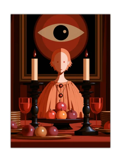 Surreal poster of a candlelit one-eyed figure with apples beneath a giant eye