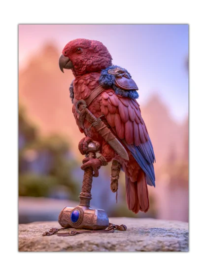 Armored red and blue parrot warrior poster holding a sword and hammer