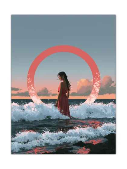 Surreal ocean poster showing a woman in waves beneath a coral ring at sunset