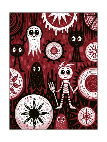 Surreal creature poster with ghostly figures and circular symbols in red, black, and white
